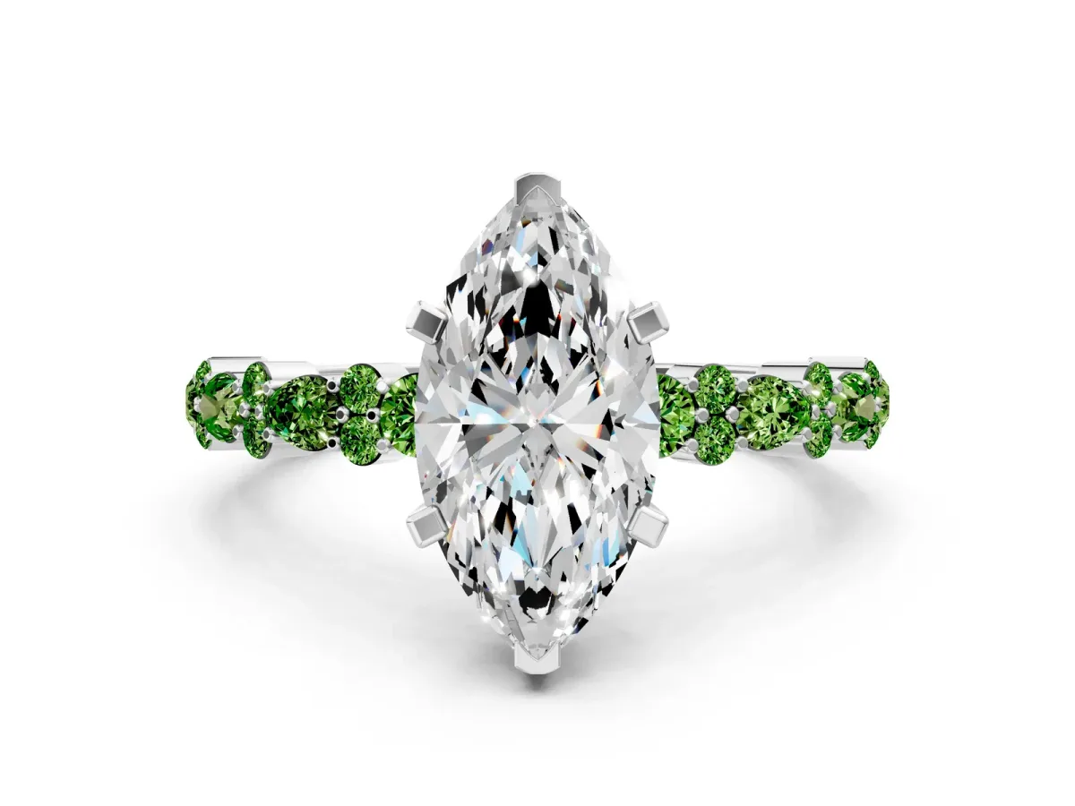 Marquise Cut Diamond Side Stone Solitaire Ring with Round Peridot and Four-Prong Setting Silver