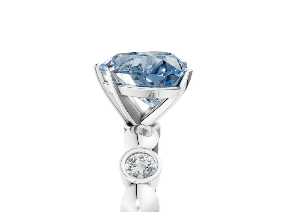 Fancy Blue Heart Cut Solitaire Bezel-Set Diamond Ring with Beaded Band and Four-Prong Setting Silver