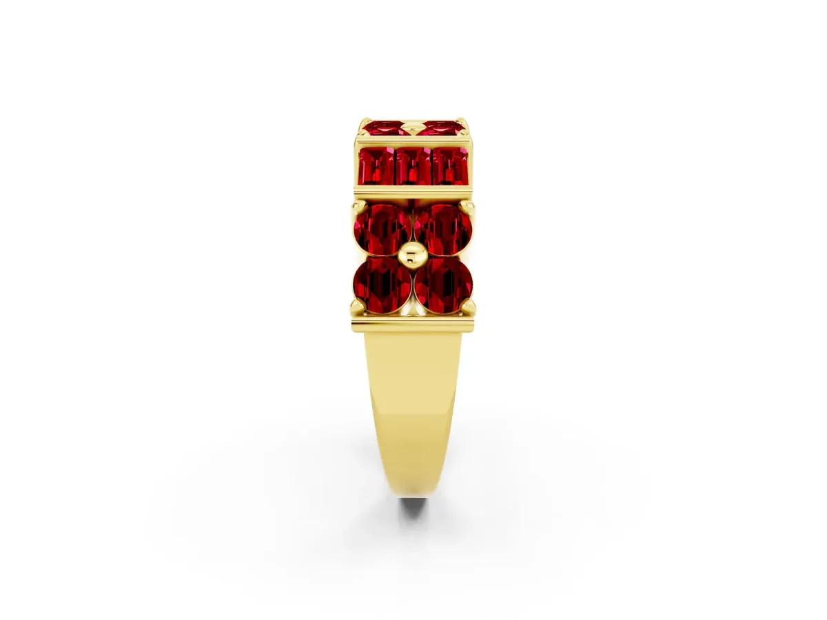 Channel Set Round and Baguette Ruby Anniversary Band with Prong Setting Yellow gold