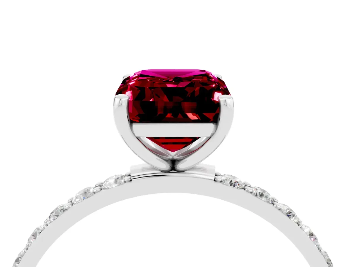 Emerald Cut Garnet Solitaire Ring with Round Pavé Band and Prong Setting Platinum