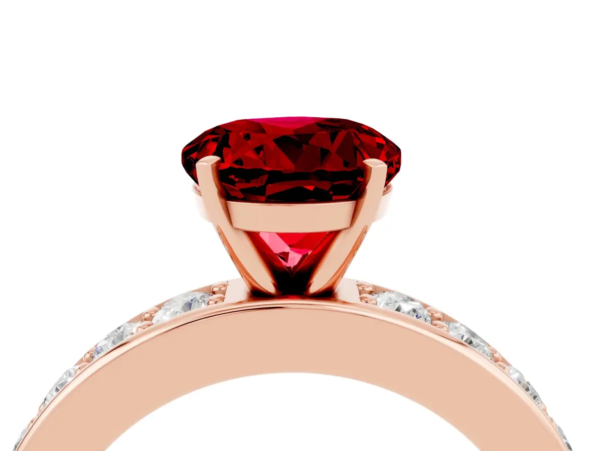 Round Cut Ruby Engagement Ring with Channel Set Round Band and Prong Setting Rose gold