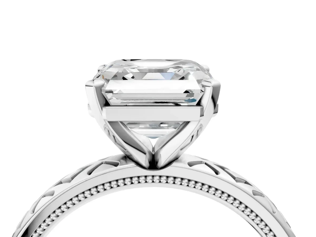 Asscher Cut Solitaire Diamond Ring with Milgrain and Black Enamel X Pattern Band Platinum