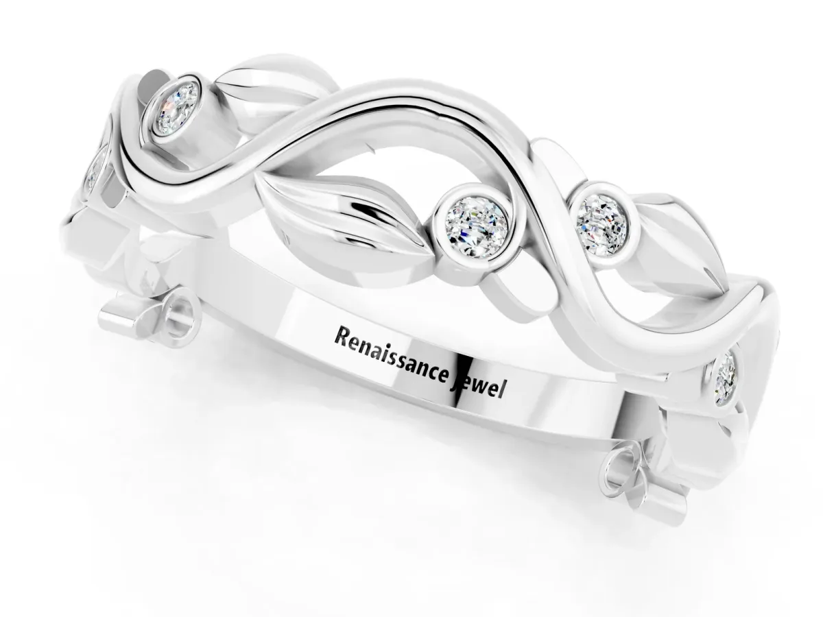Round Moissanite Leaf Eternity Band with Bezel Setting White gold