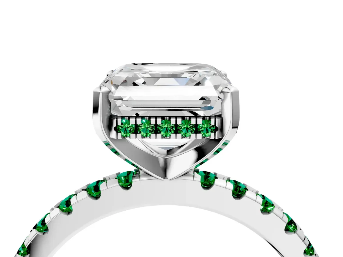 Asscher Cut Diamond Solitaire Ring with Round Emerald Pavé Band and Four-Prong Setting Silver