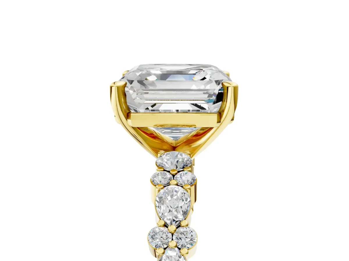 Asscher Cut Diamond Side Stone Solitaire Ring with Round and Four-Prong Setting Yellow gold