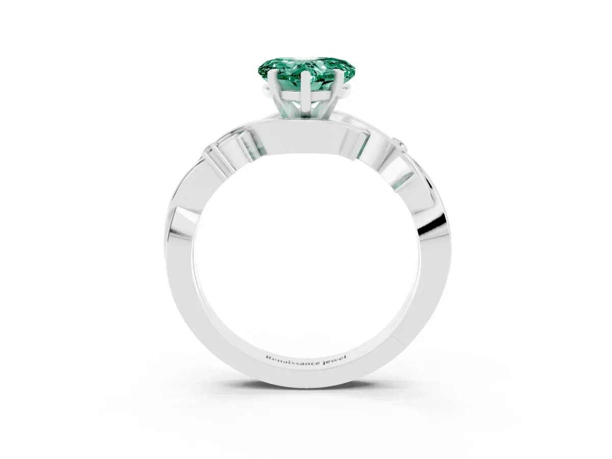 Heart Cut Green Sapphire Solitaire Ring with Twisted Band and Prong Setting Silver