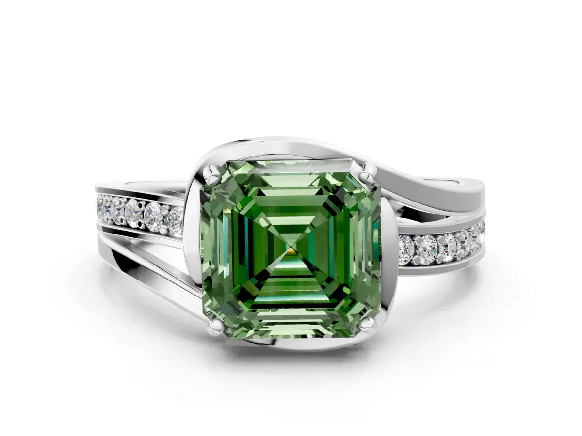Fancy Green Asscher Cut Diamond Solitaire Ring with Split Shank and Prong Setting Platinum