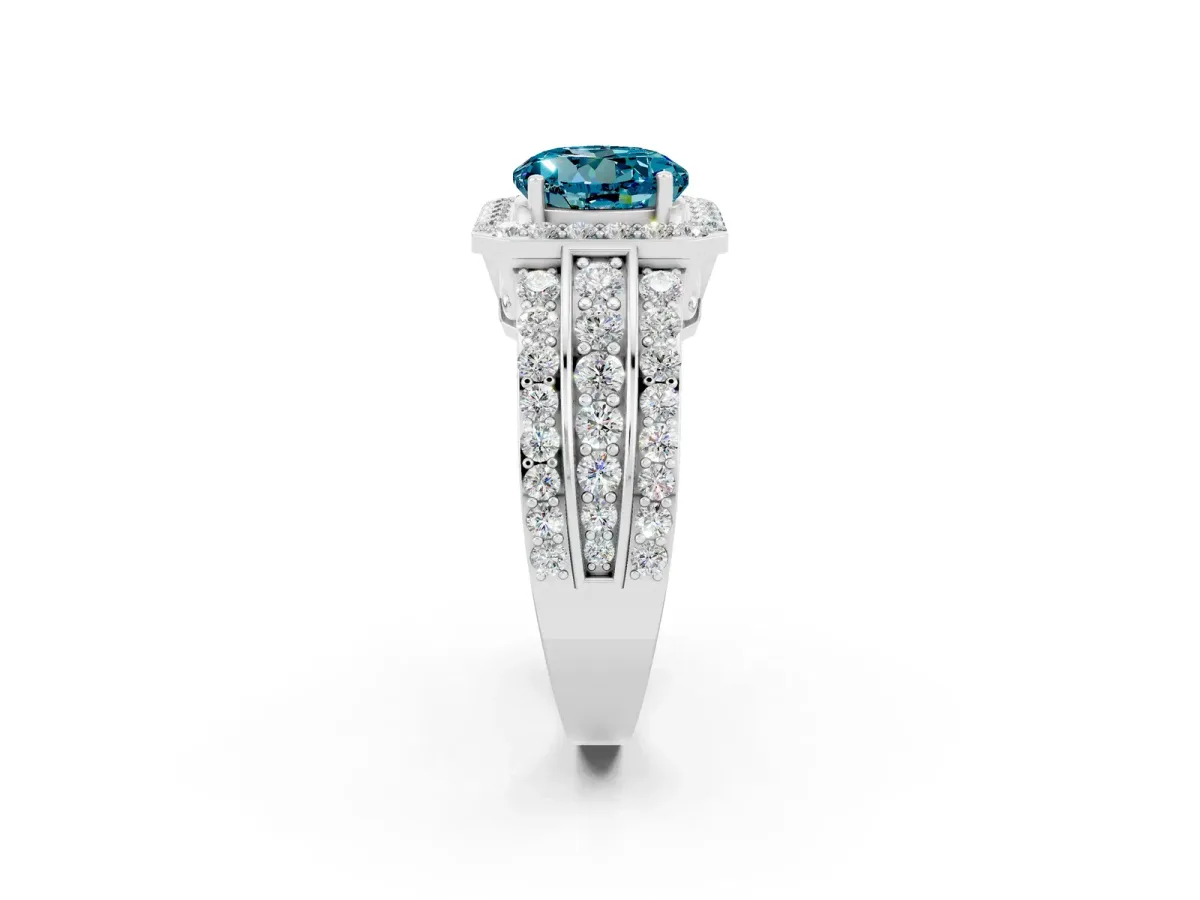 Round Cut Halo Blue Topaz Ring with Round Split Shank and Prong Setting Silver