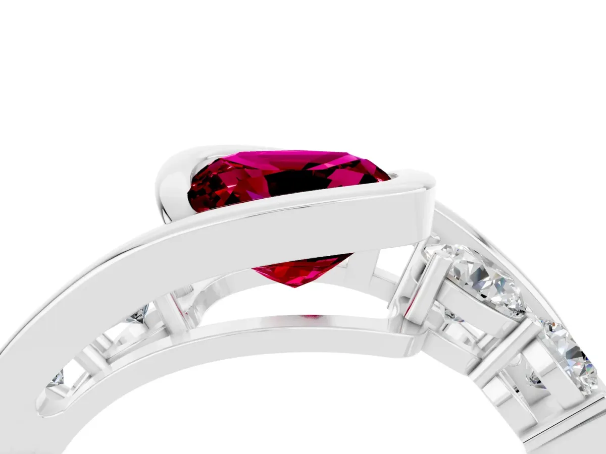 Bezel Set Cushion Cut Garnet Bypass Ring with Round Accents Platinum