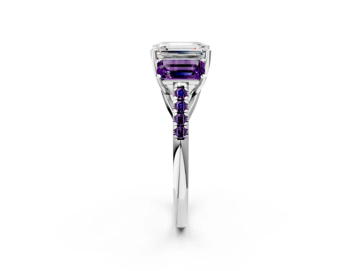 Three-Stone Emerald Cut Diamond Ring with Round Amethyst Pavé Band and Prong Setting Platinum