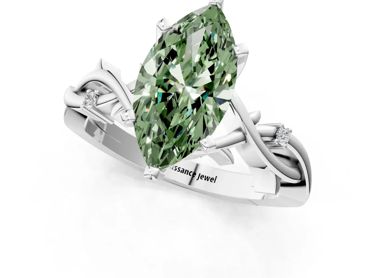 Fancy Green Marquise Cut Diamond Solitaire Ring with Twisted Band and Prong Setting Silver