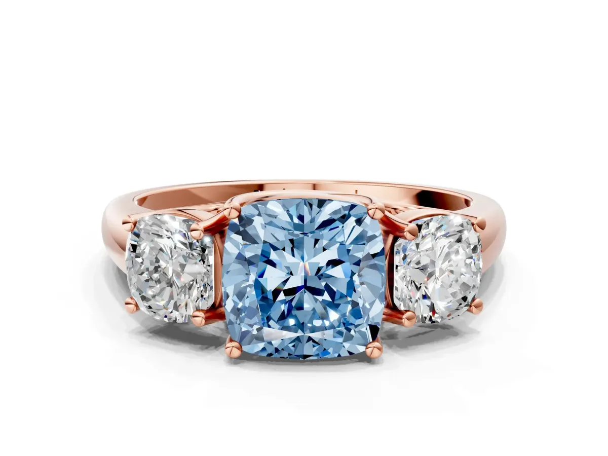 Fancy Blue Three-Stone Cushion Cut Diamond Engagement Ring with Prong Setting Rose gold