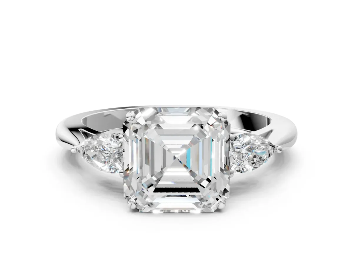 Three-Stone Asscher Cut Diamond Ring with Pear Side Stones in Four-Prong Setting Platinum