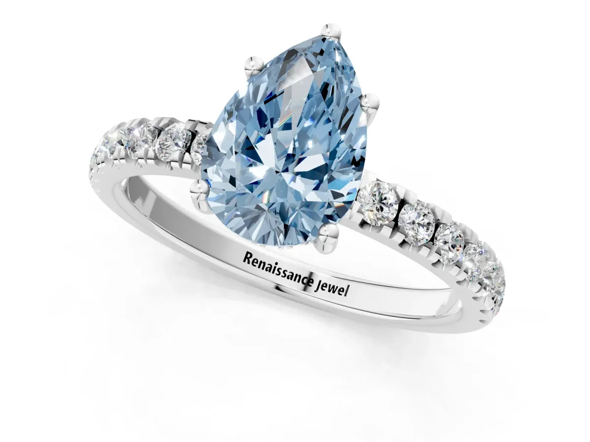 Fancy Blue Pear Cut Diamond Pave Band Solitaire Ring with Round and Prong Setting Platinum