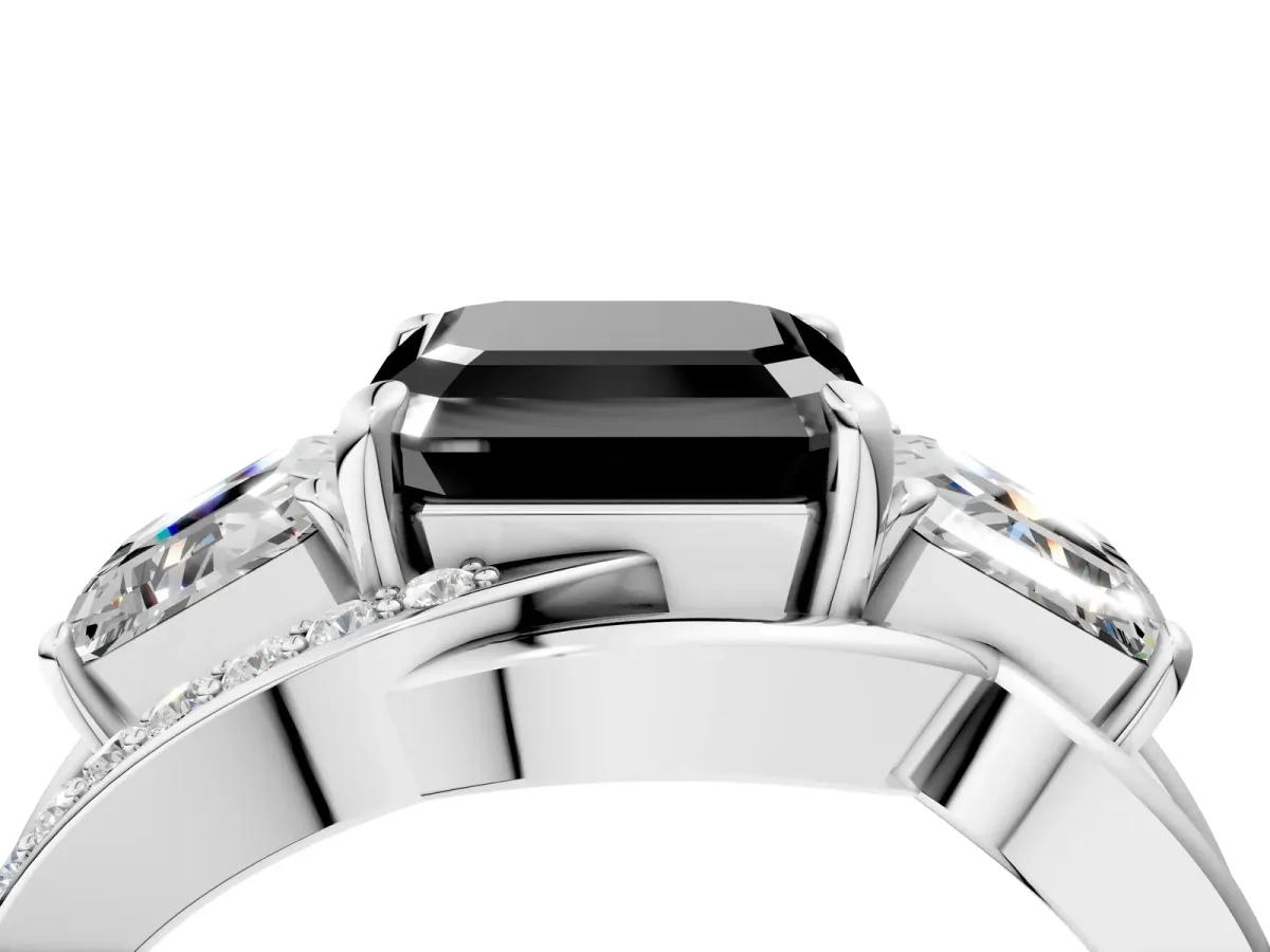 Fancy Black Three-Stone Asscher Cut Cut Diamond Split Shank Prong Set Ring Platinum