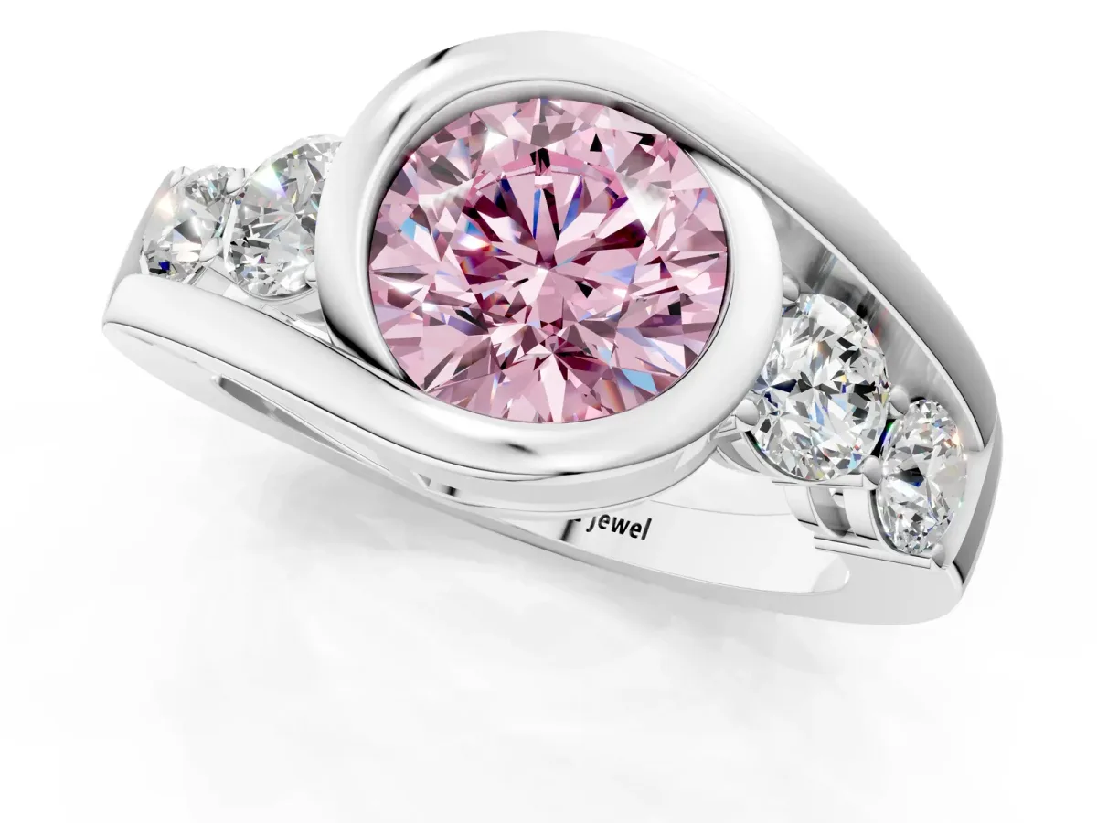Fancy Pink Bezel Set Round Cut Diamond Bypass Ring with Round Accents Platinum