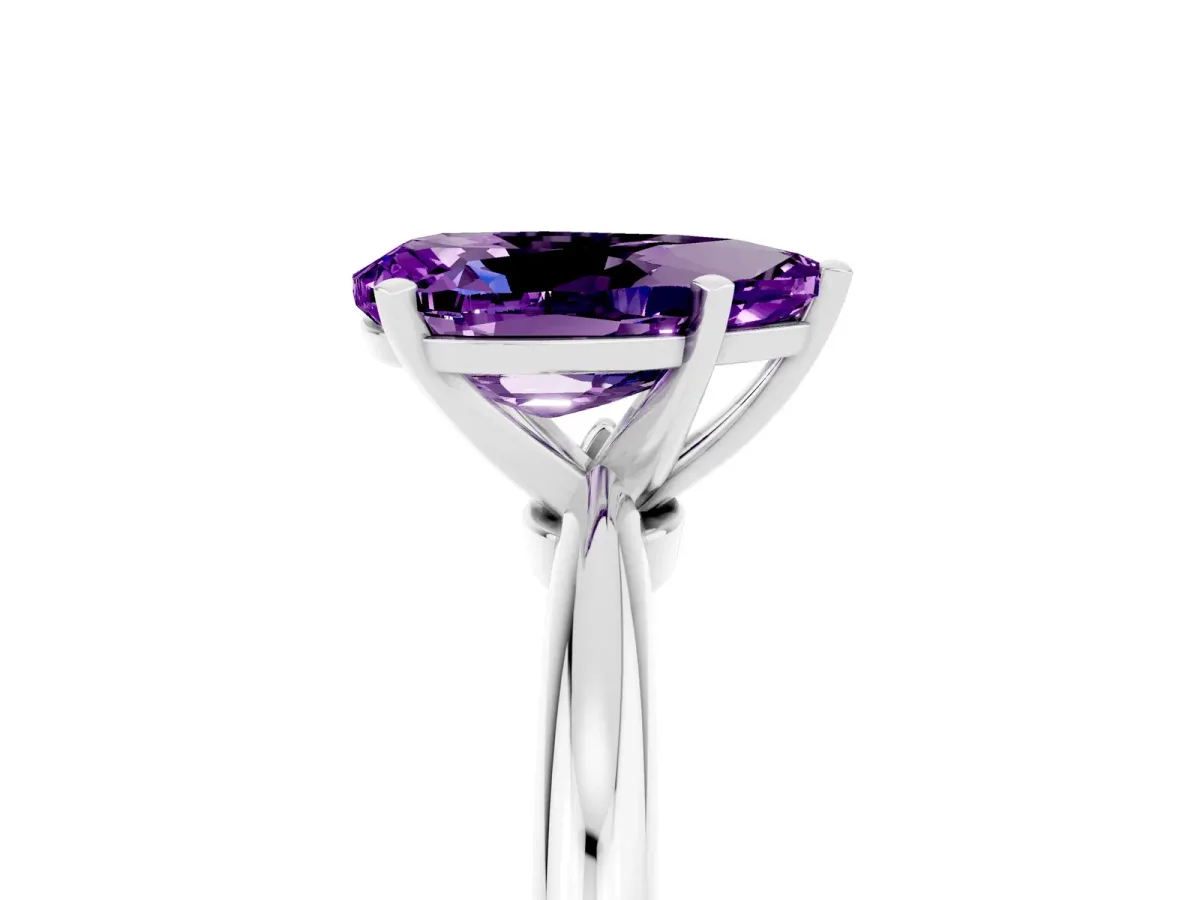 Pear Cut Amethyst Solitaire Ring with Six-Prong Setting and Classic Band Silver