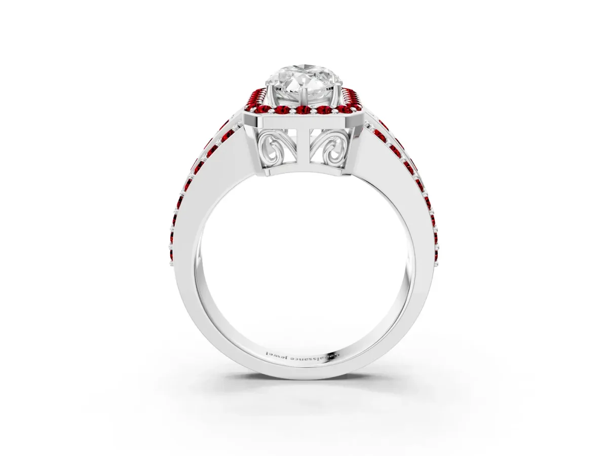 Marquise Cut Halo Diamond Ring with Round Ruby Split Shank and Prong Setting Silver