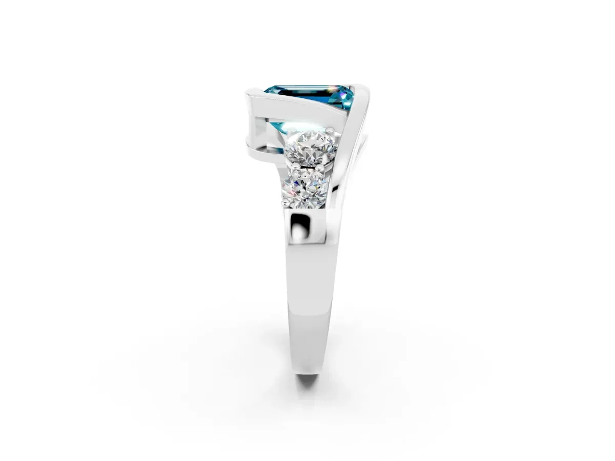 Bezel Set Emerald Cut Blue Topaz Bypass Ring with Round Accents Platinum