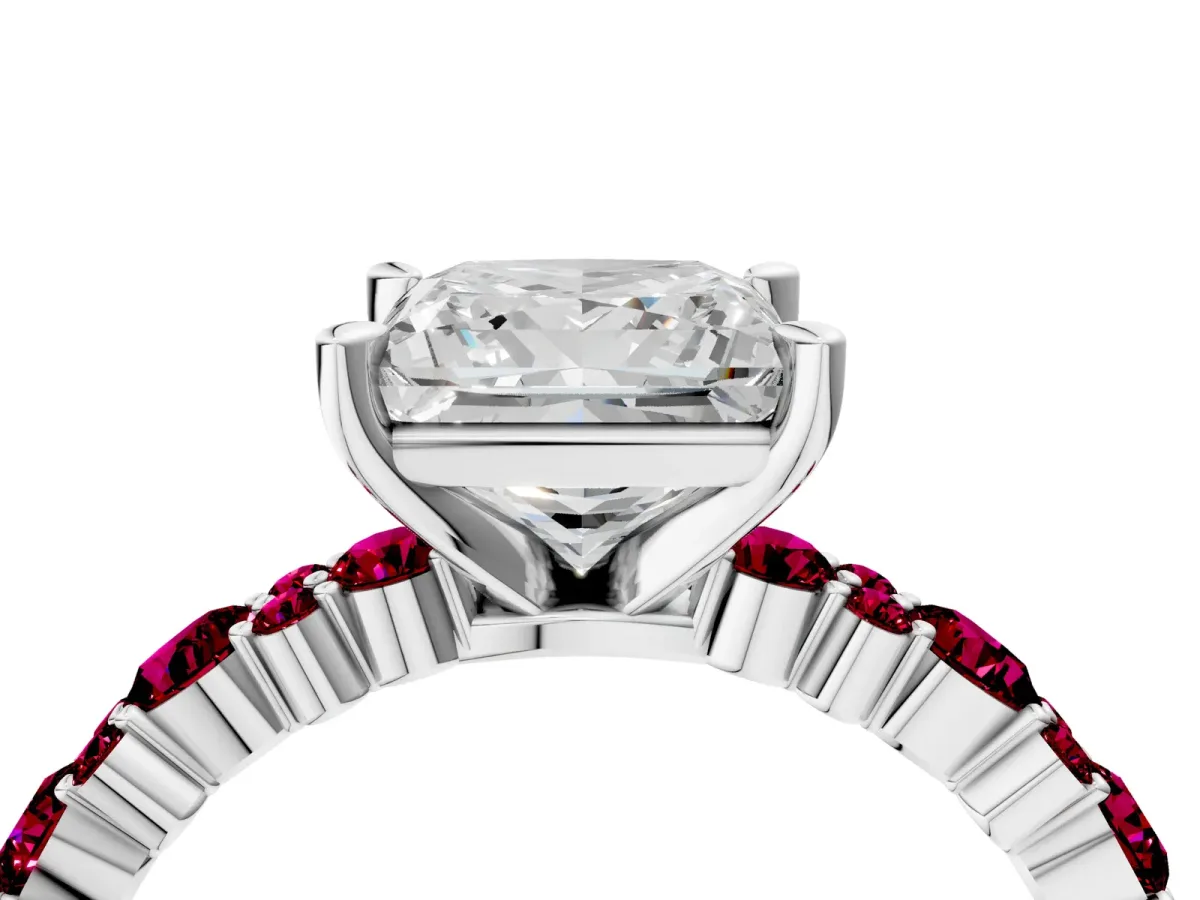 Princess Cut Diamond Side Stone Solitaire Ring with Round Garnet and Four-Prong Setting Platinum