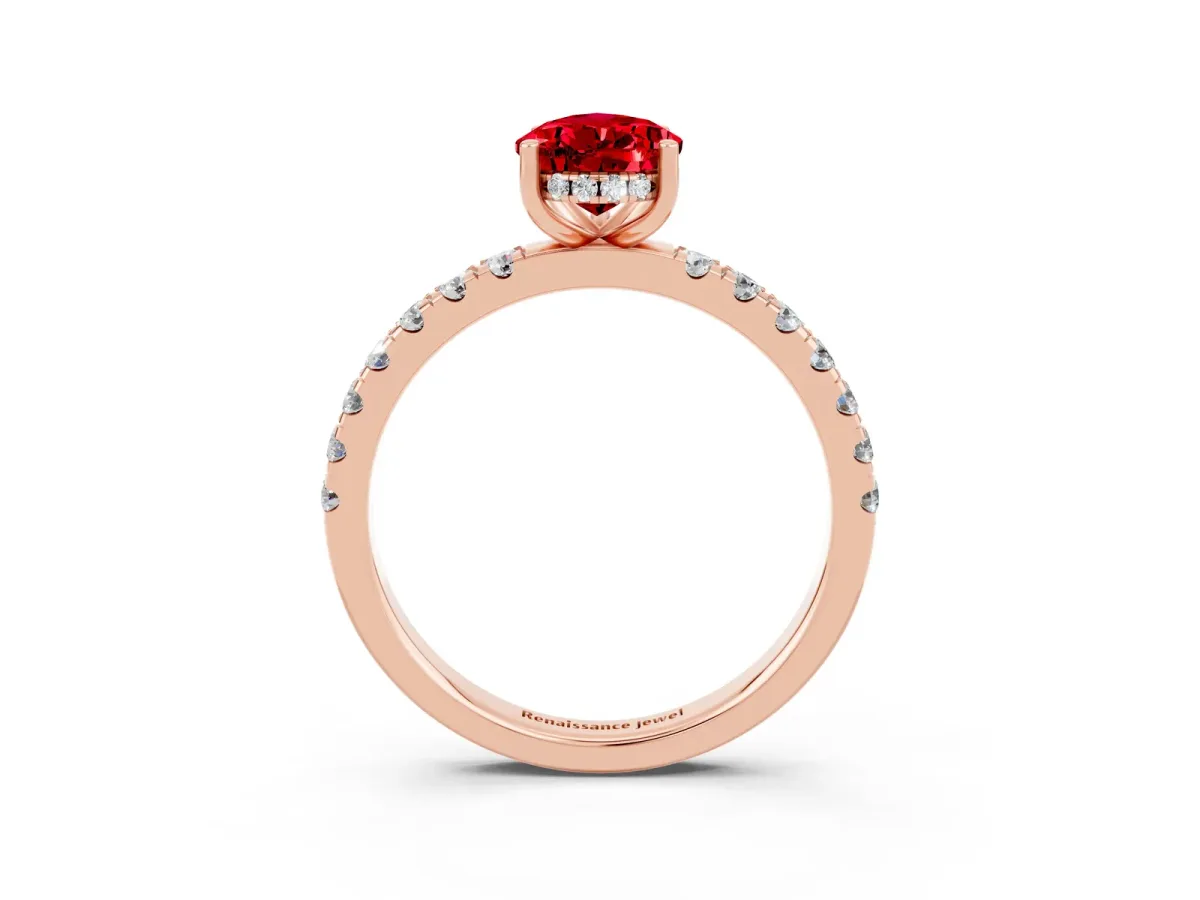 Pear Cut Ruby Pave Band Solitaire Ring with Round and Prong Setting Rose gold