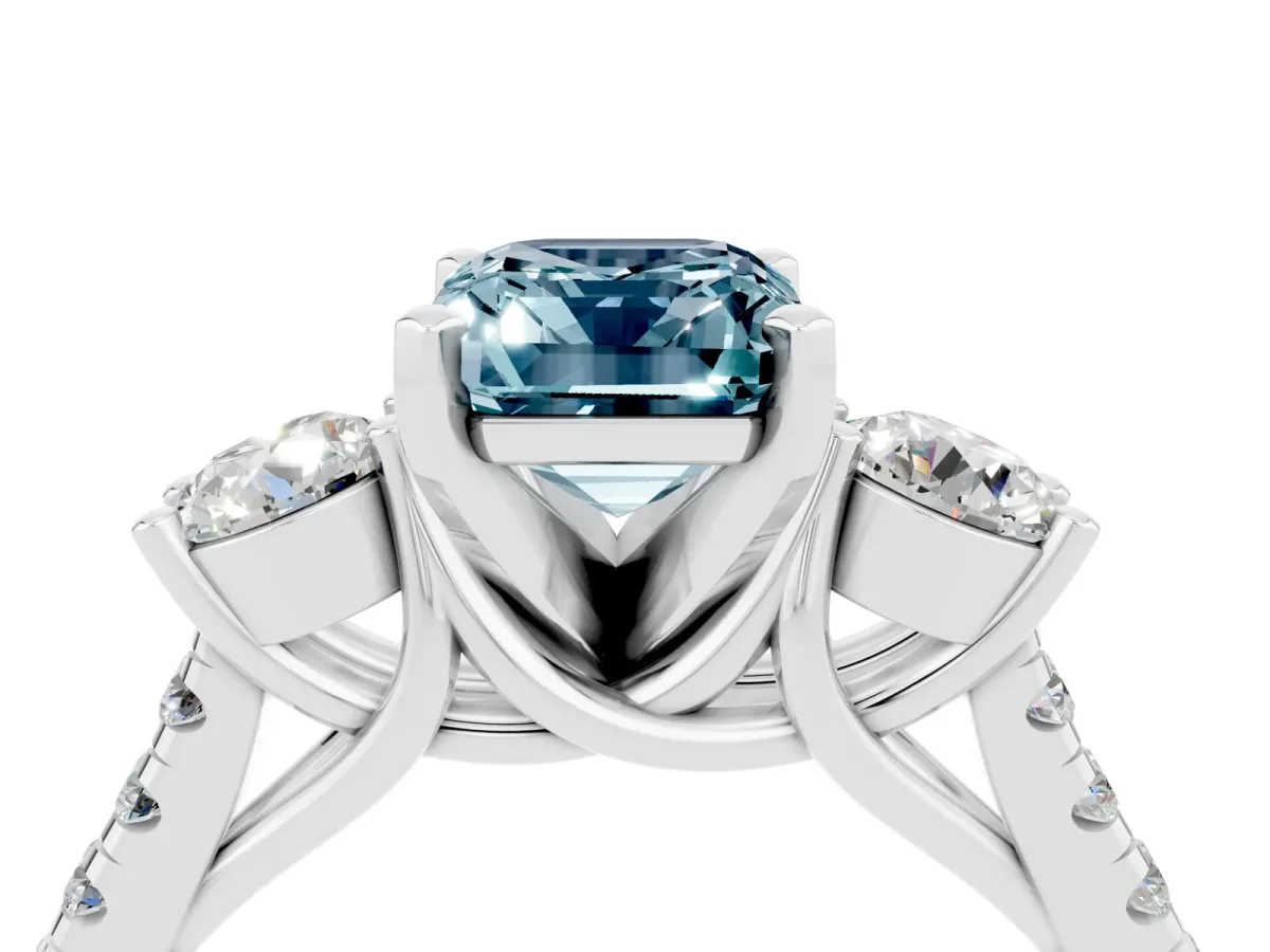 Three-Stone Emerald Cut Aquamarine Pavé Band with Four-Prong Setting Silver