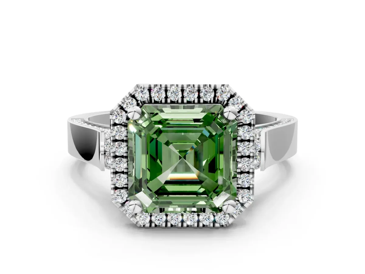 Fancy Green Asscher Cut Halo Pave Split Shank Prong Setting Ring Platinum