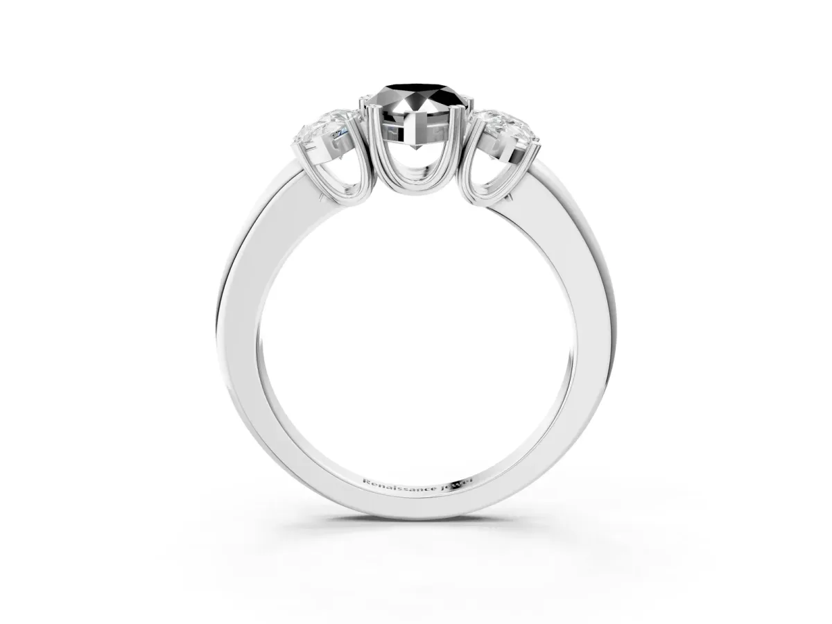 Fancy Black Three-Stone Pear Cut Cut Diamond Ring with Channel Set Band and Four-Prong Setting Silver