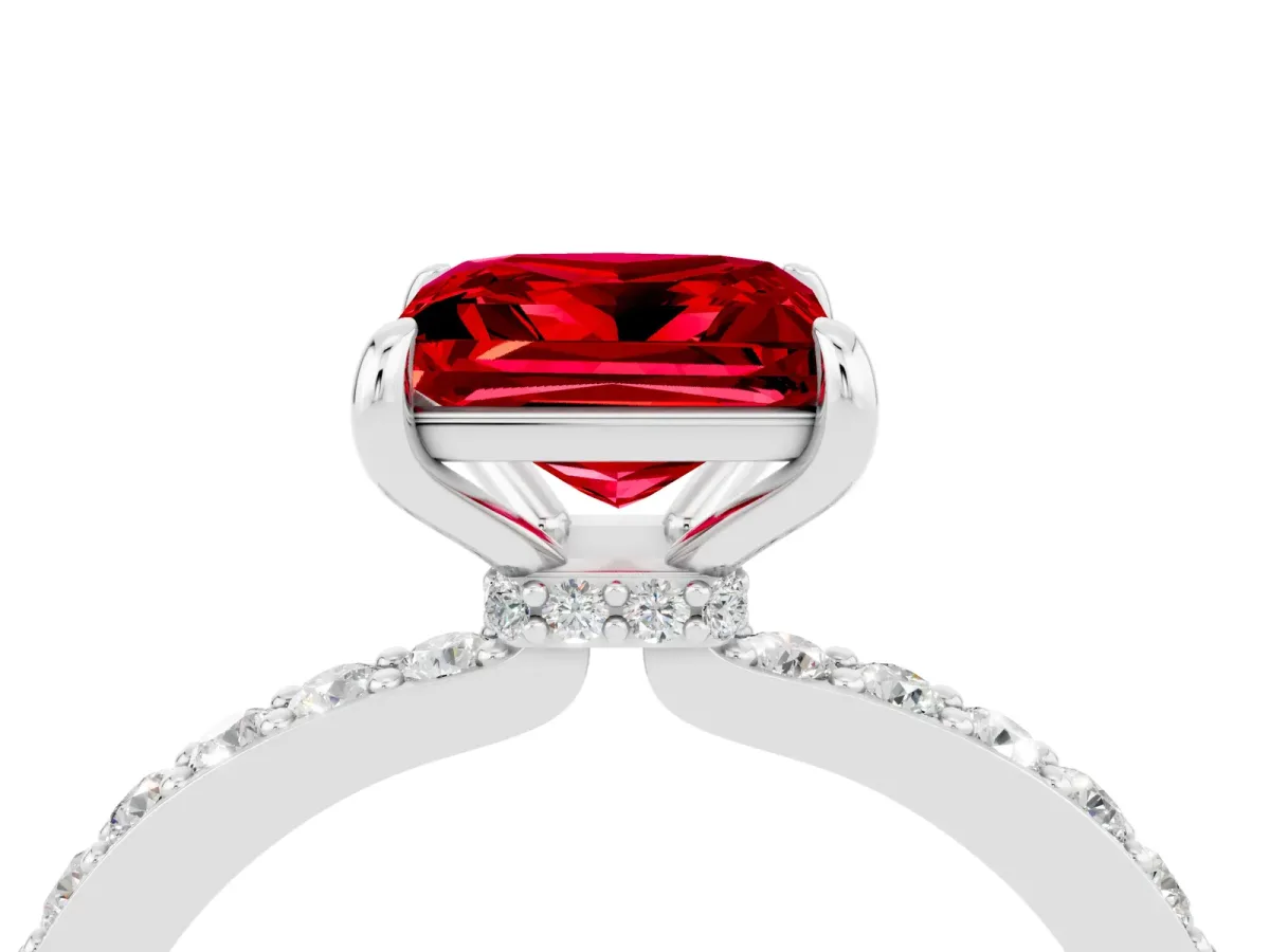 Princess Cut Ruby Solitaire Engagement Ring with Pavé Band and Four-Prong Setting White gold