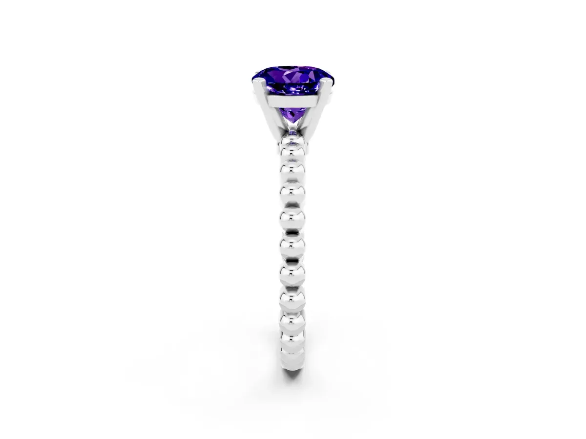 Round Cut Tanzanite Solitaire Ring with Beaded Band and Prong Setting Silver