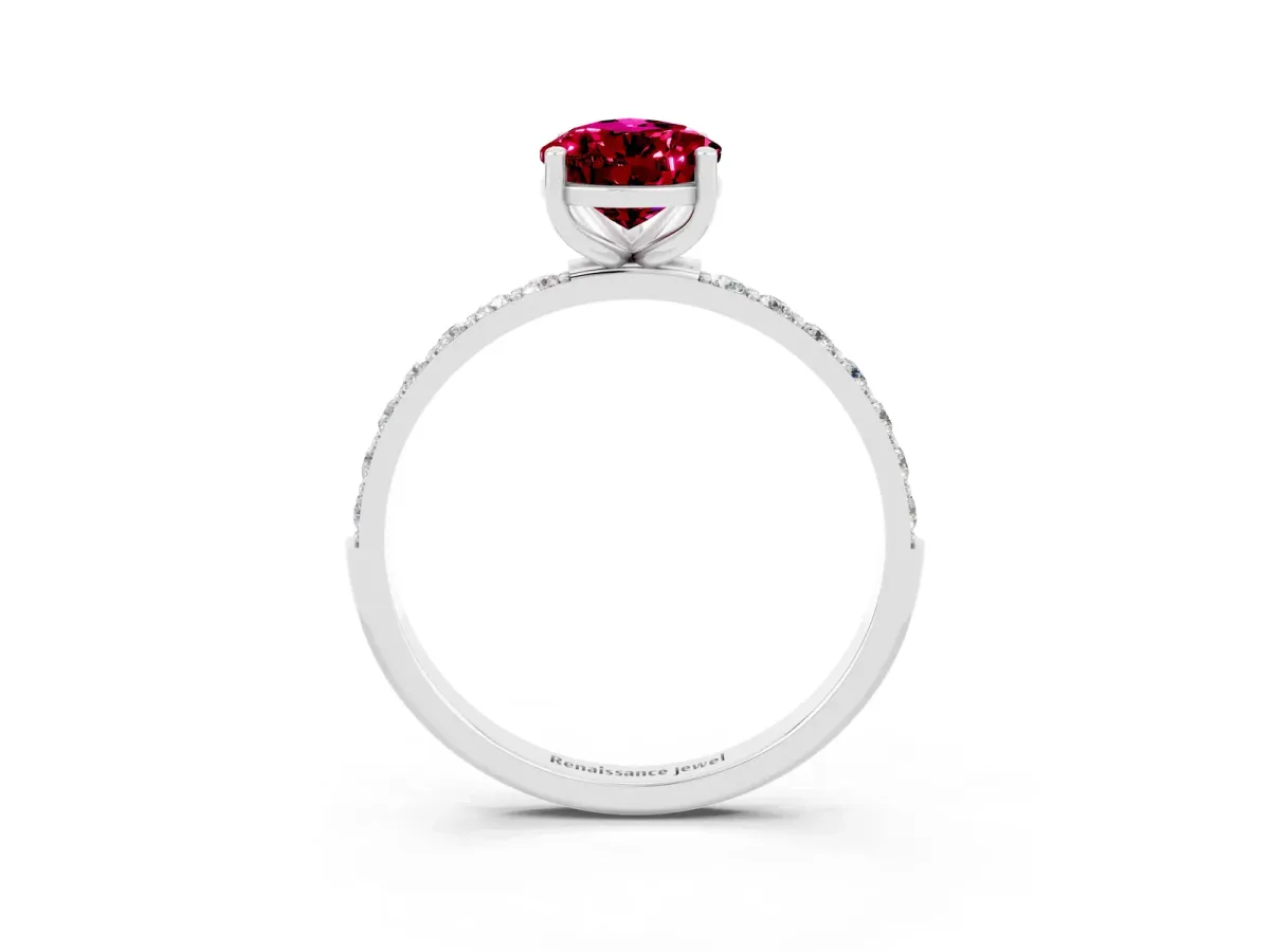 Pear Cut Garnet Solitaire Ring with Round Pavé Band and Prong Setting Silver