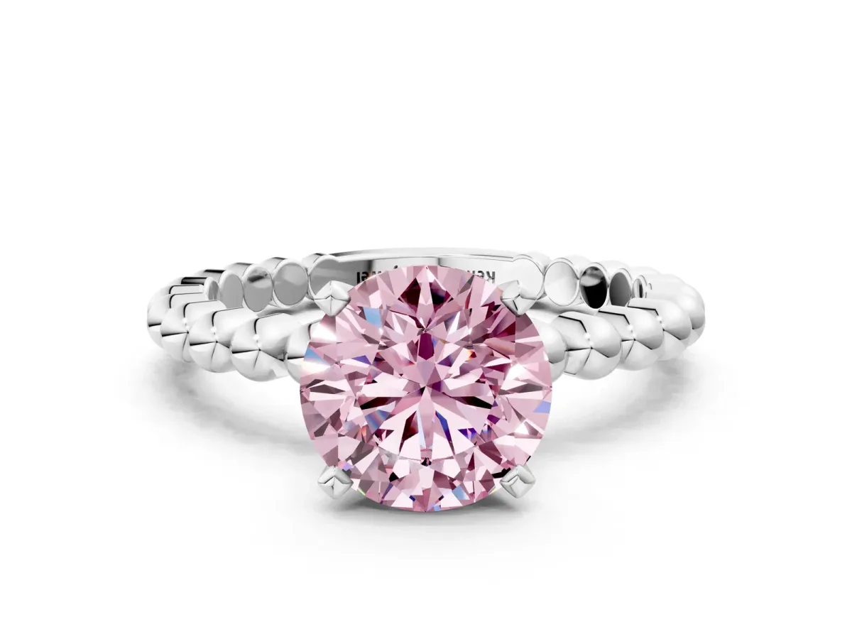 Fancy Pink Round Cut Diamond Solitaire Ring with Beaded Band and Prong Setting Silver