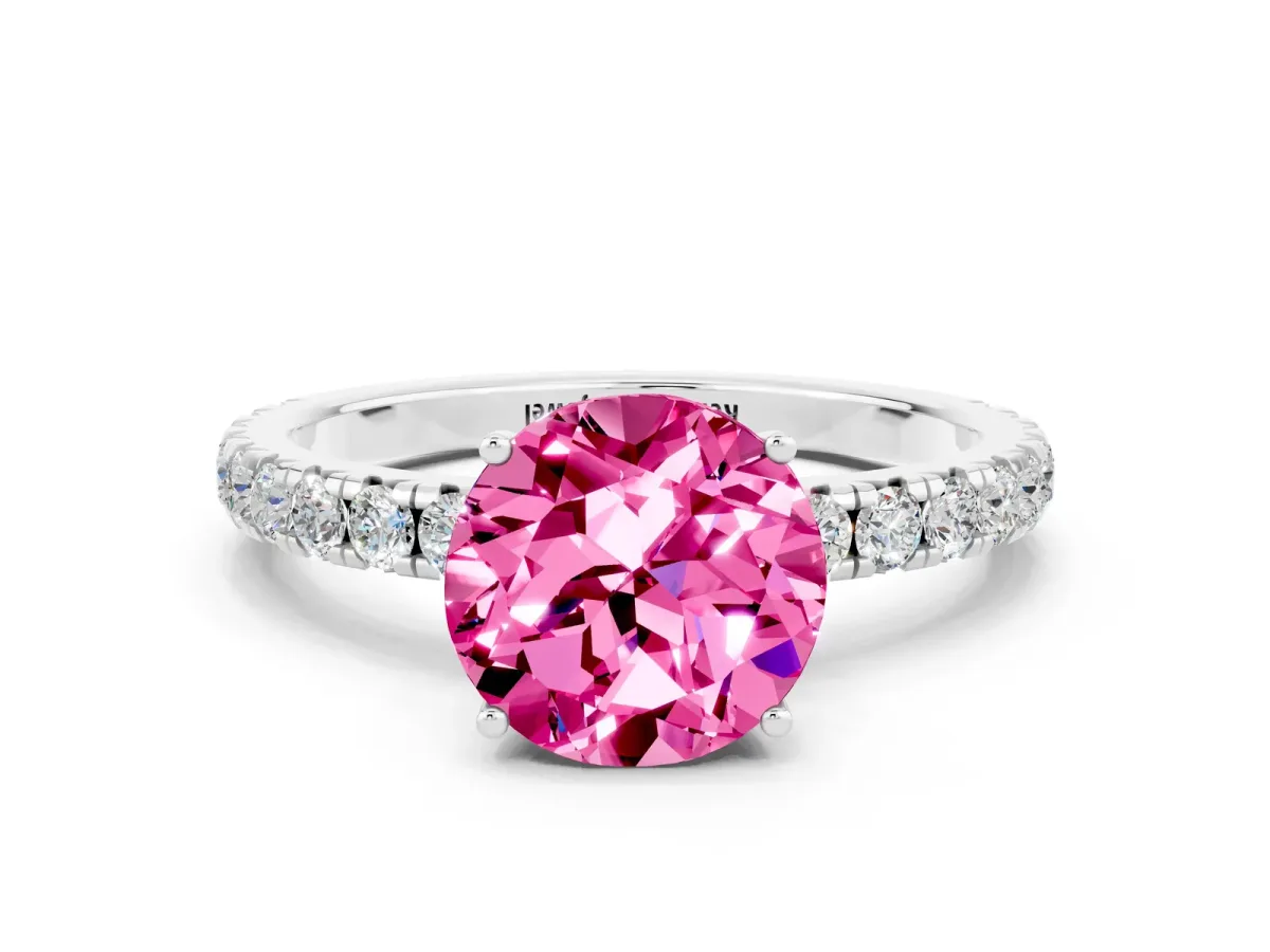 Round Cut Pink Sapphire Pavé Solitaire Engagement Ring with Four-Prong Setting Silver
