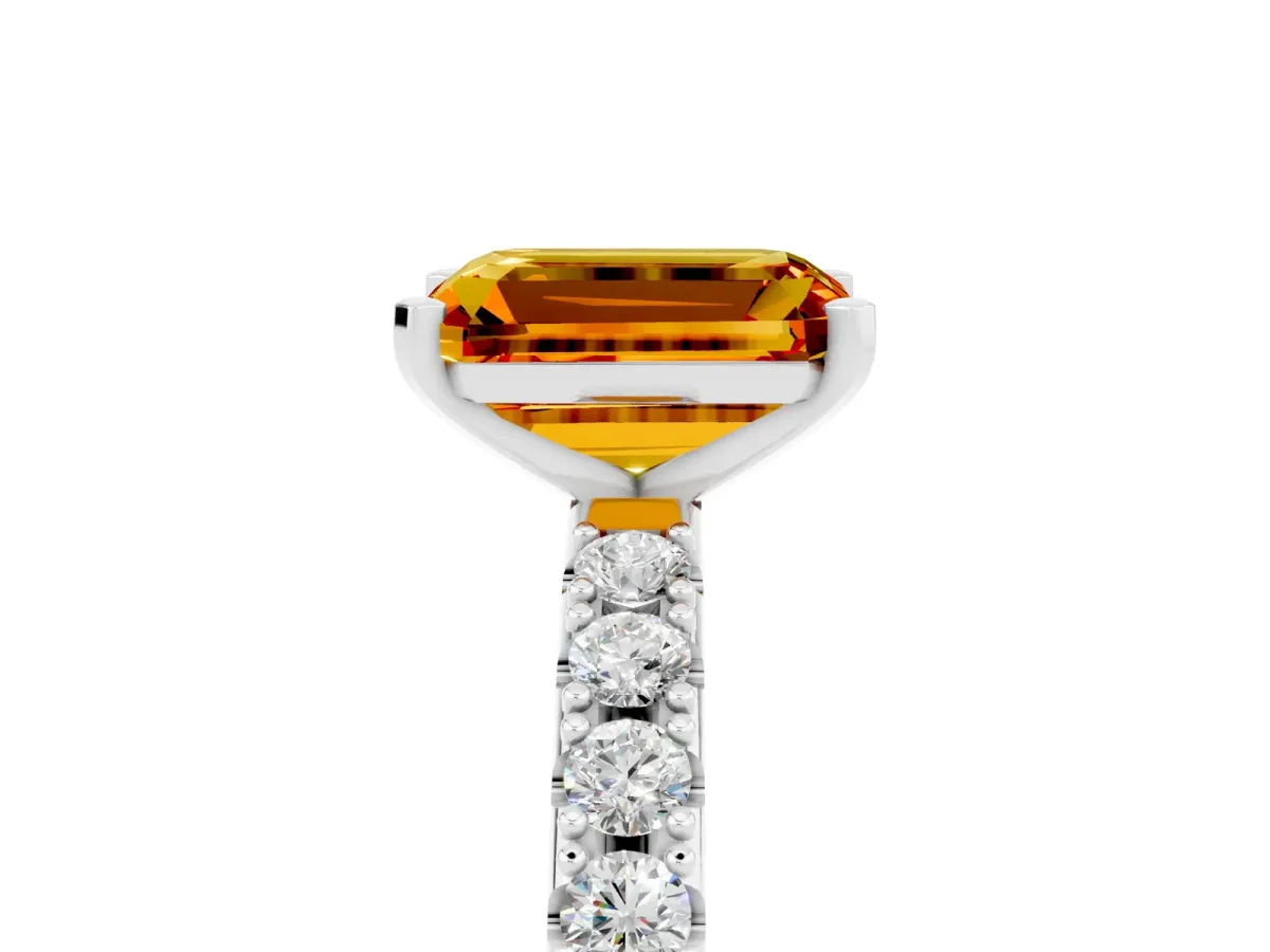 Emerald Cut Citrine Solitaire Pavé Band with Four-Prong Setting Platinum