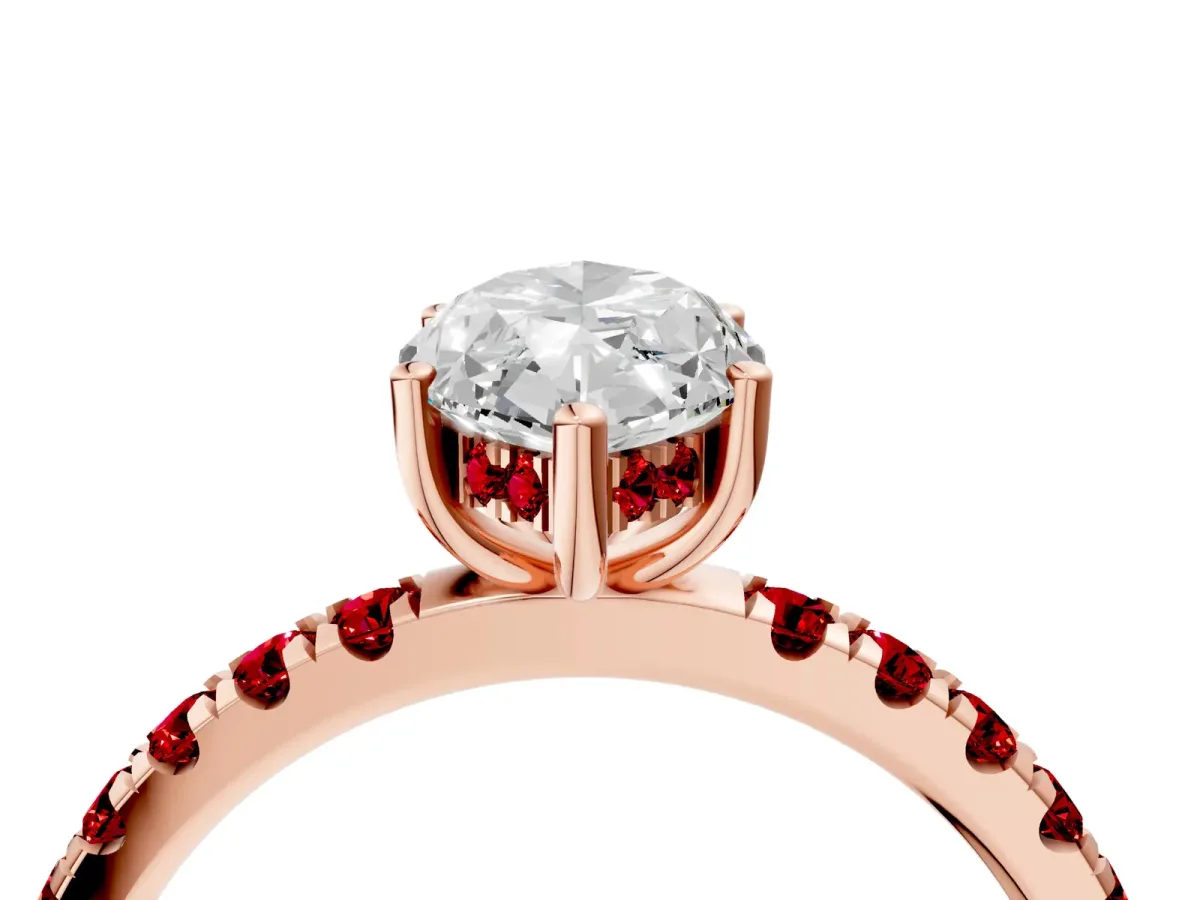 Marquise Cut Diamond Pave Band Solitaire Ring with Round Ruby and Prong Setting Rose gold