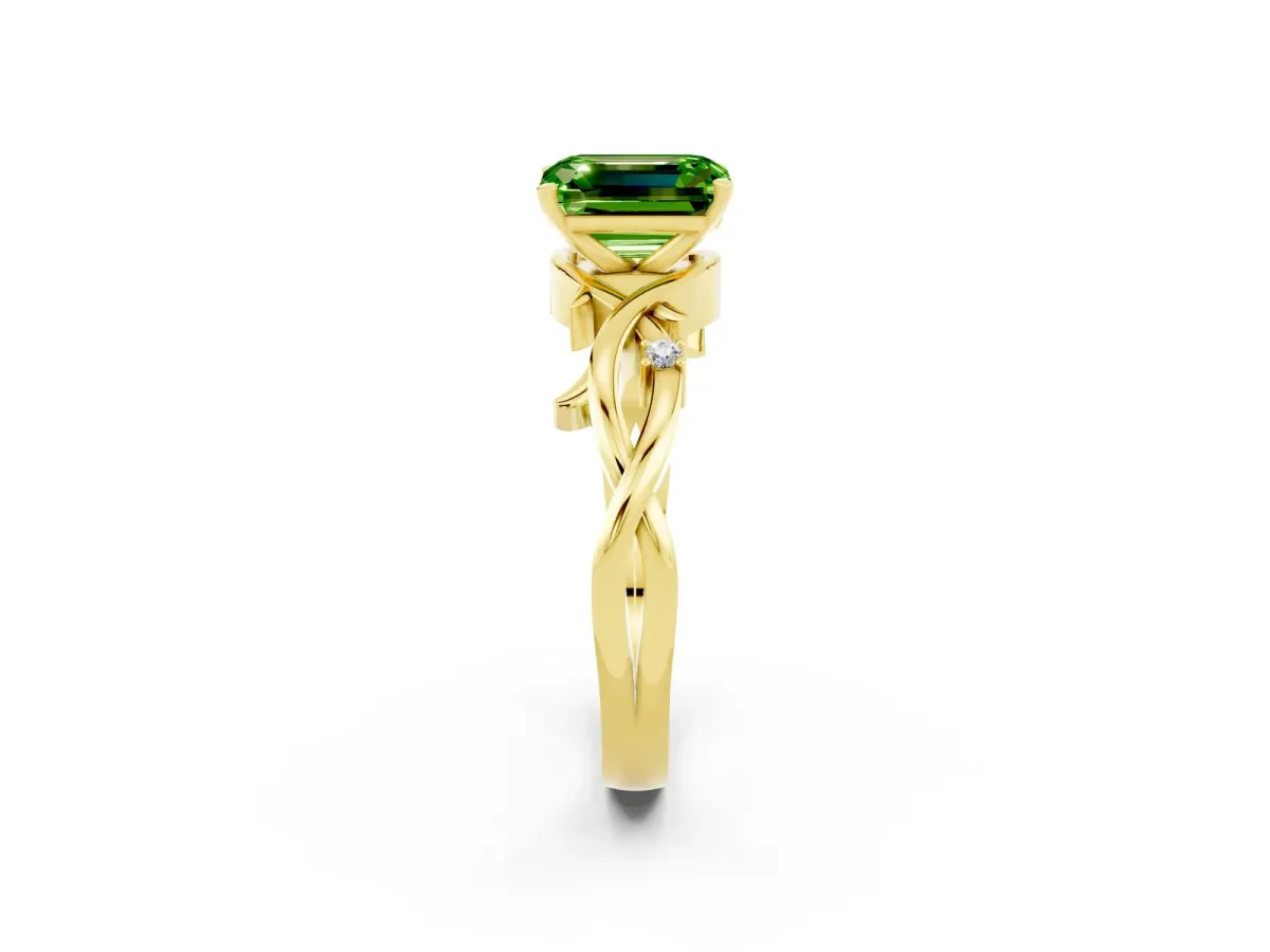 Emerald Cut Peridot Solitaire Ring with Twisted Band and Prong Setting Yellow gold