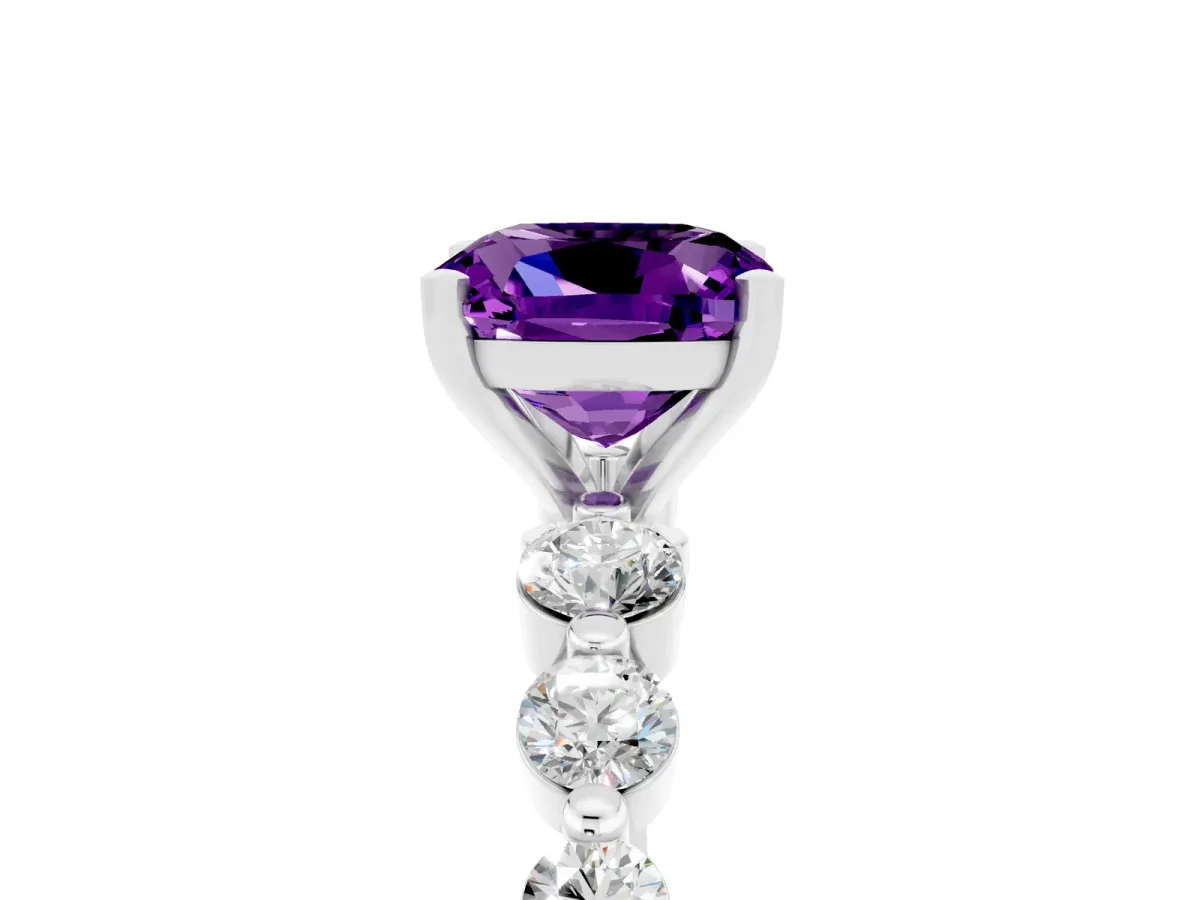 Cushion Cut Solitaire Amethyst Ring with Pave Band and Four-Prong Setting Platinum