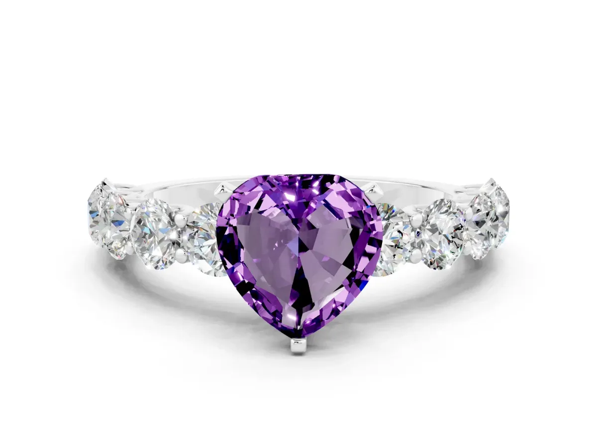 Heart Cut Amethyst Prong Setting with Side Stones on a Pave Band Silver