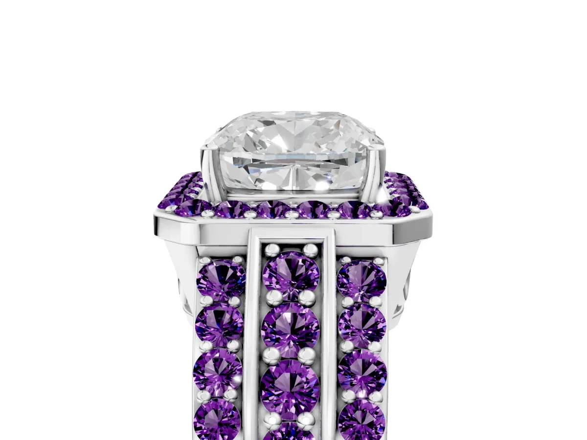 Cushion Cut Halo Diamond Ring with Round Amethyst Split Shank and Prong Setting Silver