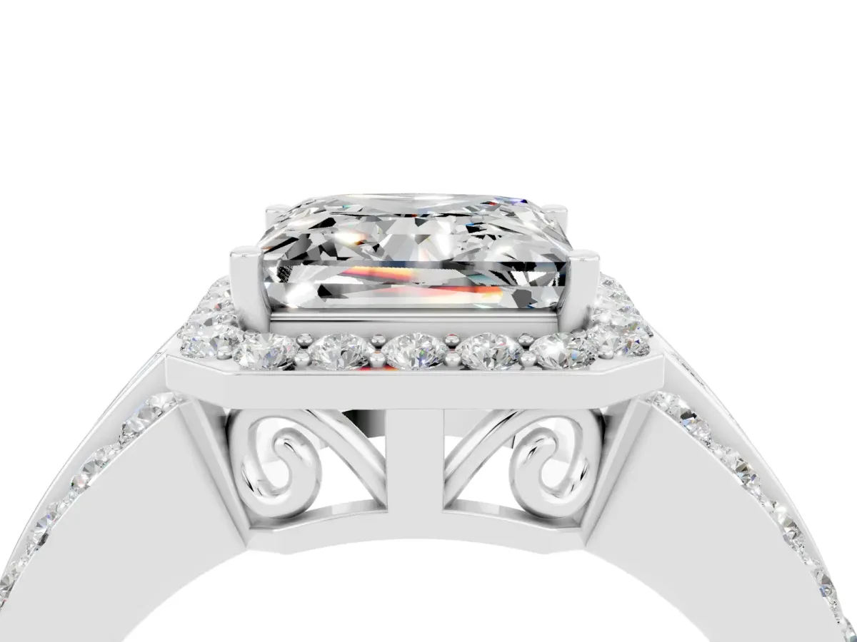 Princess Cut Halo Moissanite Ring with Round Split Shank and Prong Setting Silver