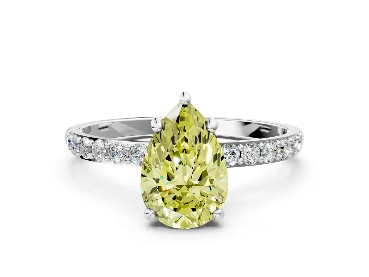 Fancy Yellow Pear Cut Diamond Solitaire Ring with Round Pavé Band and Prong Setting Silver