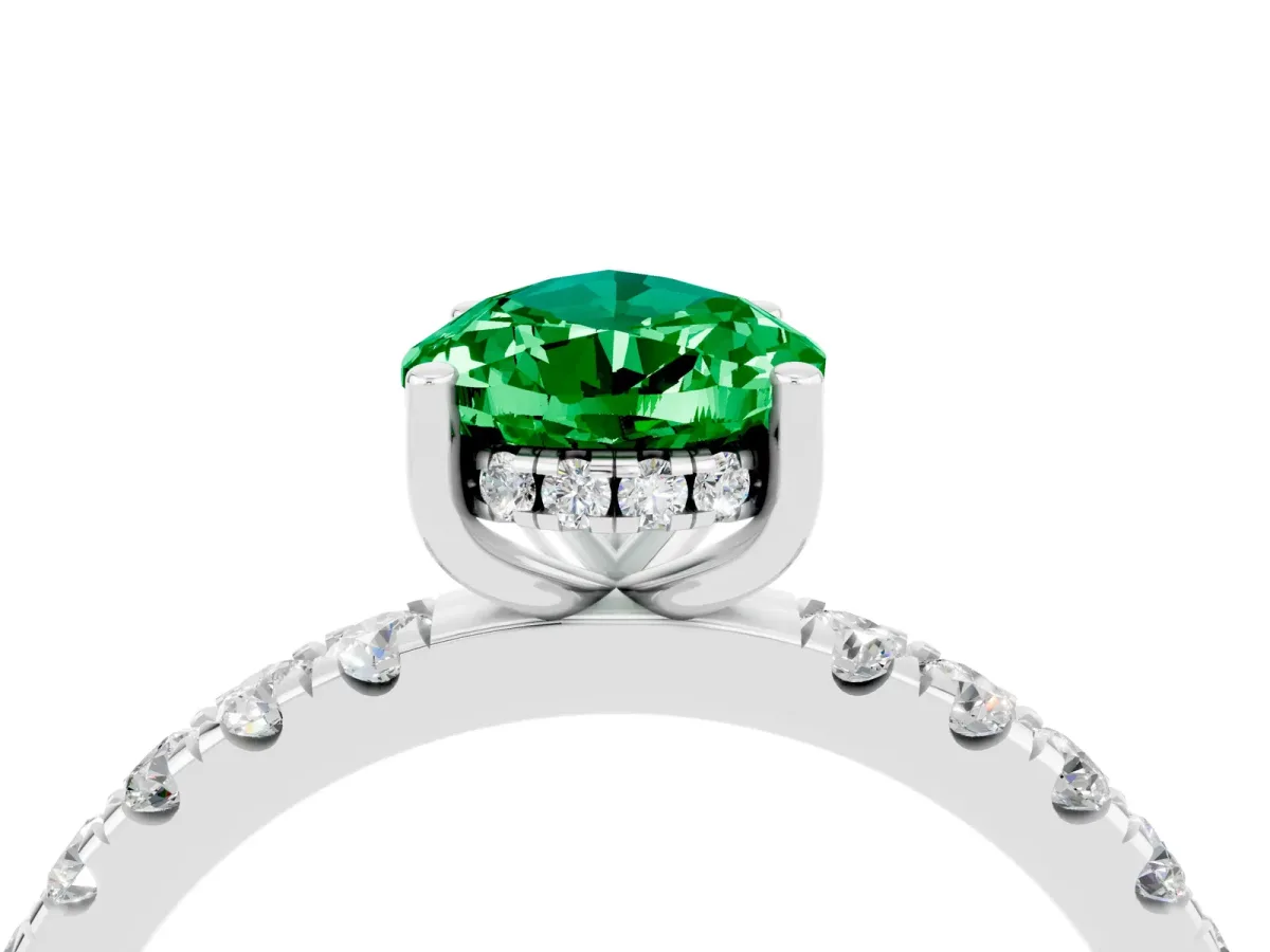 Pear Cut Emerald Pave Band Solitaire Ring with Round and Prong Setting White gold