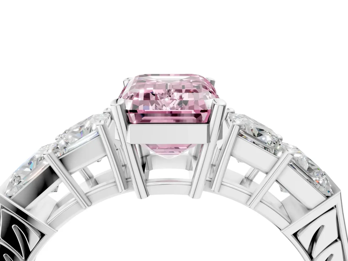 Fancy Pink Emerald Cut Solitaire Princess Side Stone Engraved Band Prong Setting Ring Platinum