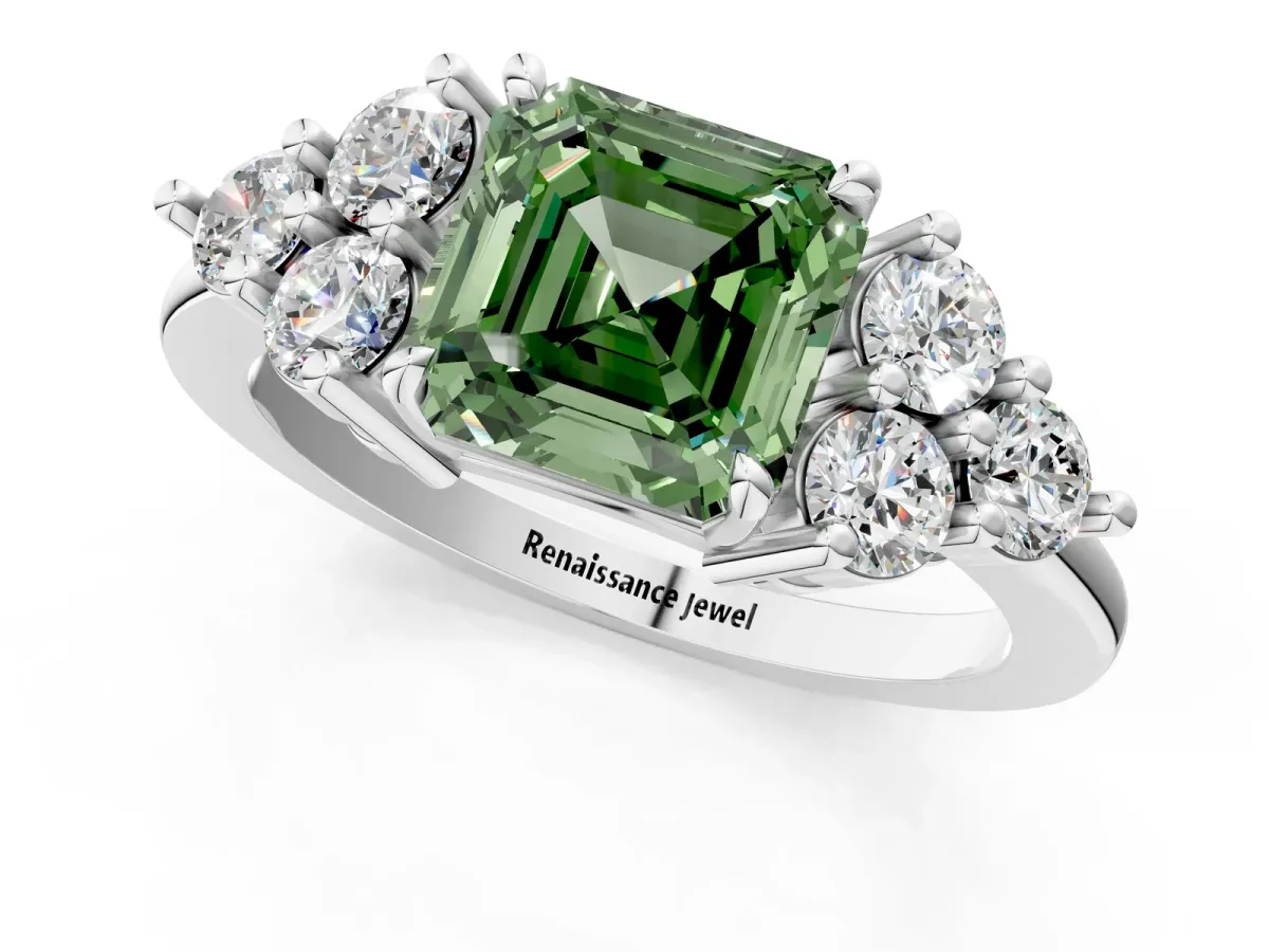 Fancy Green Asscher Cut Brilliant Diamond Cluster Accent Solitaire Ring with Prong Setting Platinum