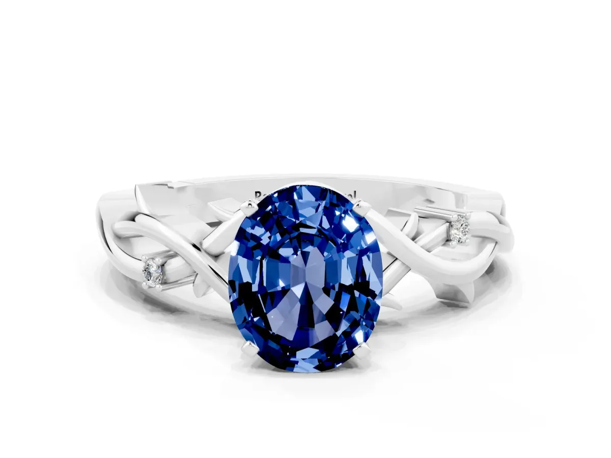 Oval Cut Blue Sapphire Solitaire Ring with Twisted Band and Prong Setting Silver