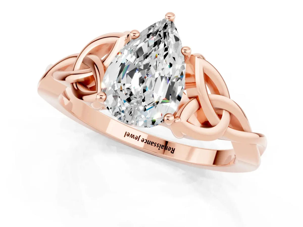 Pear Cut Moissanite Solitaire Celtic Knot Ring with Four-Prong Setting Rose gold