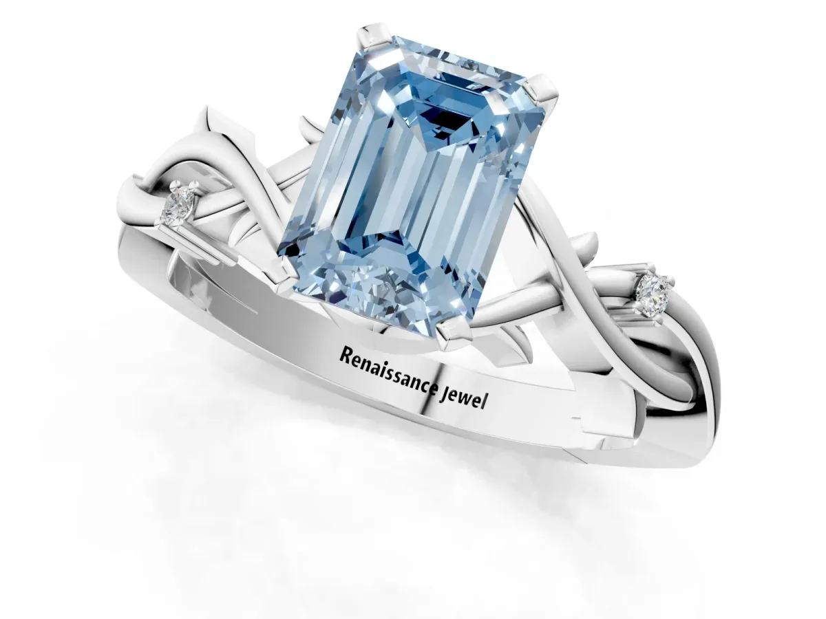 Fancy Blue Emerald Cut Diamond Solitaire Ring with Twisted Band and Prong Setting Silver