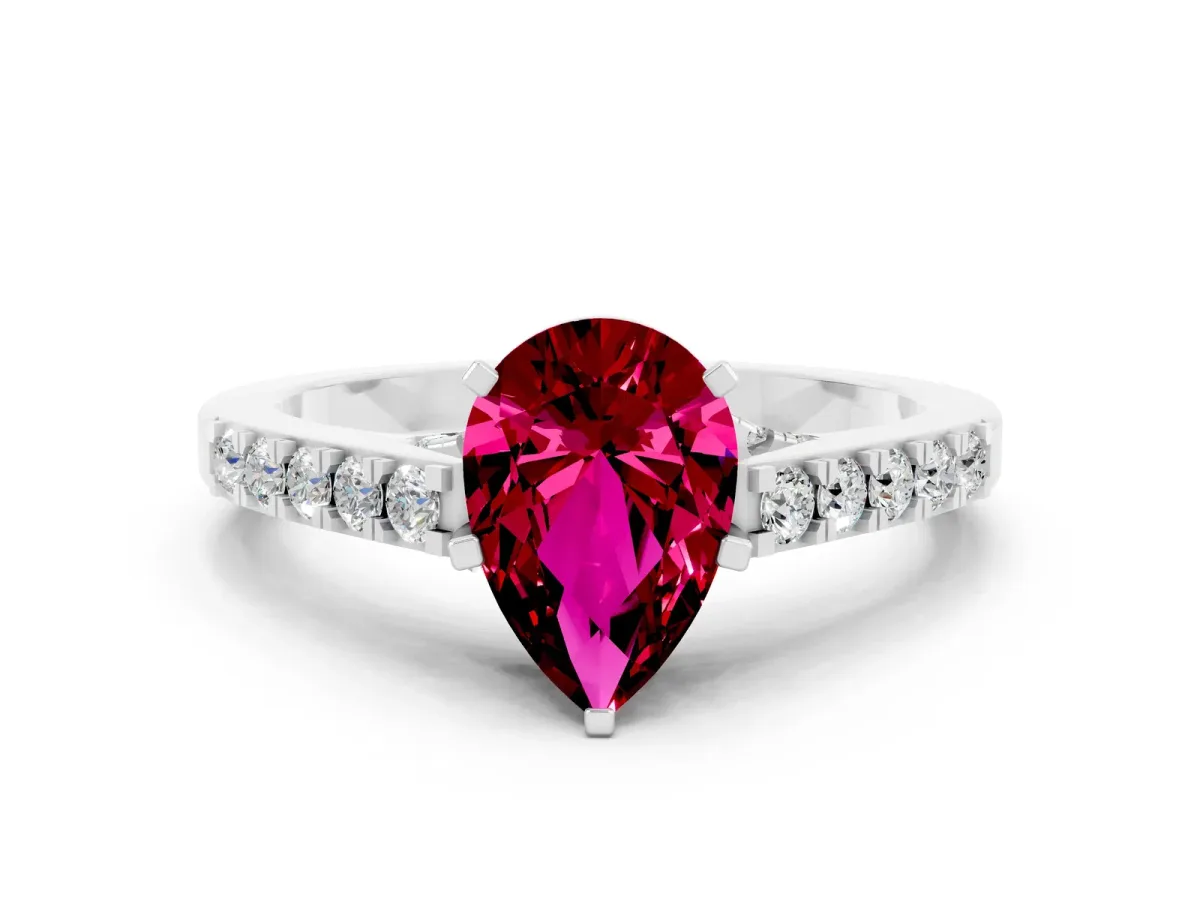 Pear Cut Garnet Solitaire Ring with Crossover Gallery and Round Pavé Band Silver