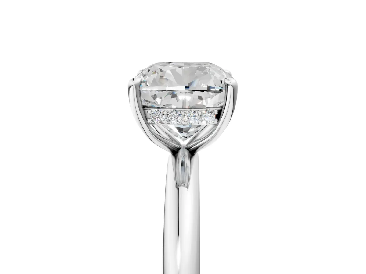Cushion Cut Diamond Solitaire Ring with Thin Band and Four-Prong Setting White gold