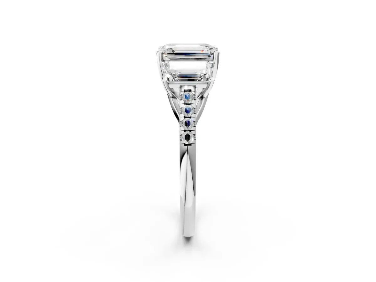 Three-Stone Emerald Cut Diamond Ring with Round Pavé Band and Prong Setting White gold